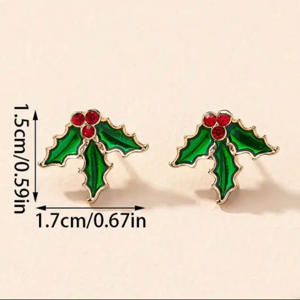 Red Berry Holly Earrings with red berries on a beige background, showing measurements.