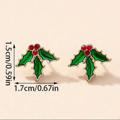 Red Berry Holly Earrings with red berries on a beige background, showing measurements.