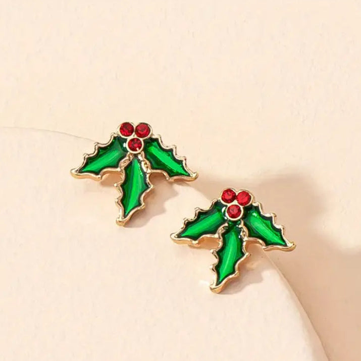 Red Berry Holly Earrings with red berries on a beige background