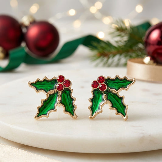 Red Berry Holly Earrings with red berries on a beige background