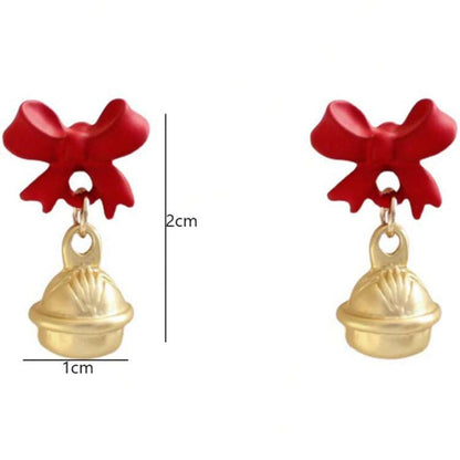 Jingle Bell Bow Earrings, shown with measurements on a white background.