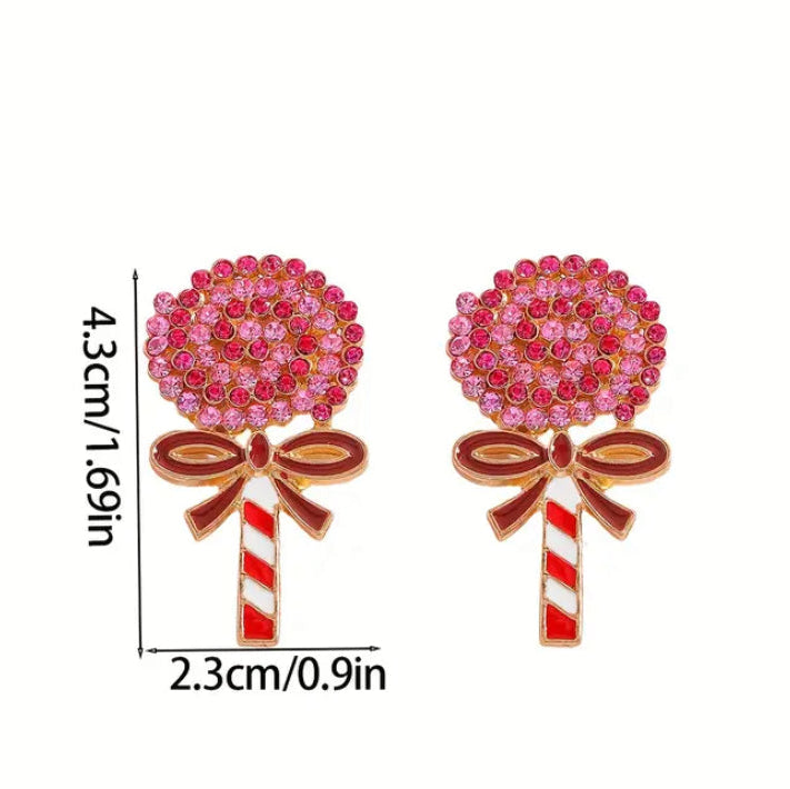 Oversized Holiday Candy Swirl Earrings with measurements on a white background