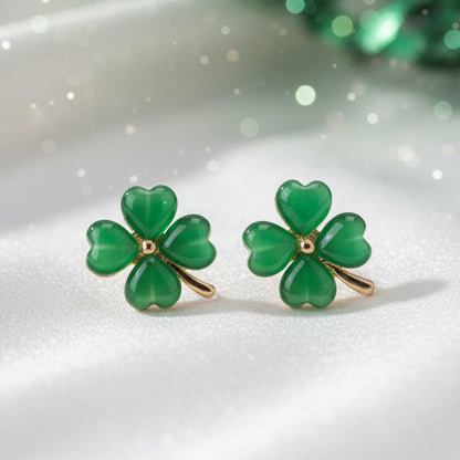 Green Four-Leaf Clover Shamrock Earrings on a white background