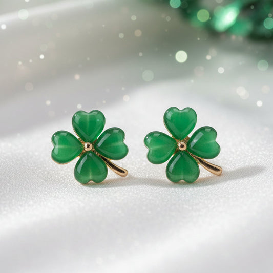 Green Four-Leaf Clover Shamrock Earrings on a white background