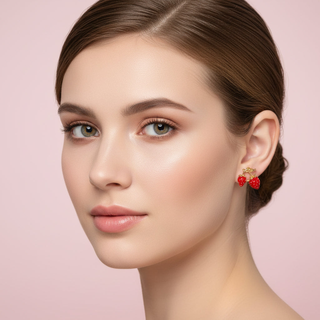 Close-up of a woman wearing Gold Bow Strawberry Earrings against a pink background