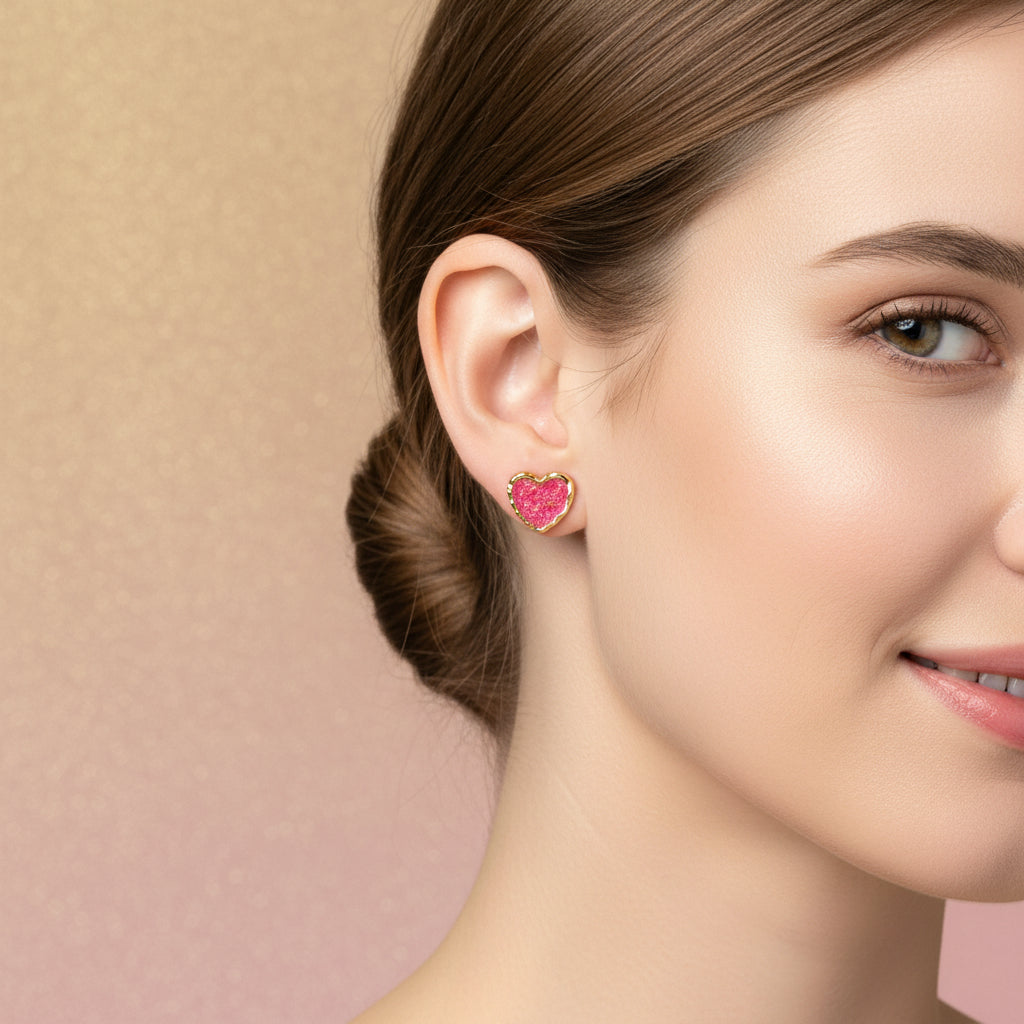 Close-up of a woman wearing Pink Gold Dust Heart Earrings against a beige background