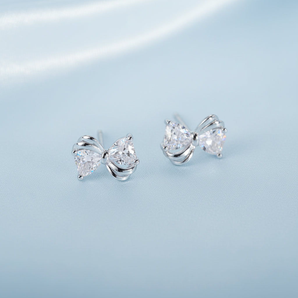 Mini Silver Heart Crystal Bow Earrings