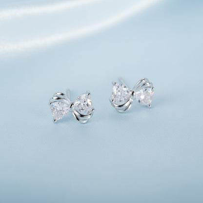 Mini Silver Heart Crystal Bow Earrings