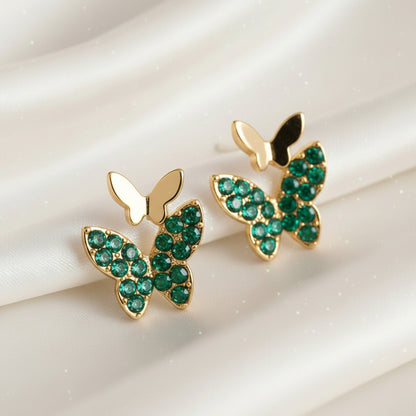 Gold & Green Pavé Butterfly Earrings