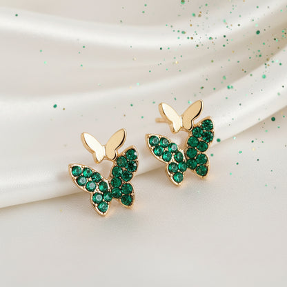 Gold & Green Pavé Butterfly Earrings