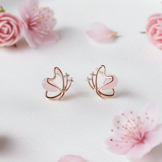 Rose Gold Butterfly Pearl Earrings with flowers