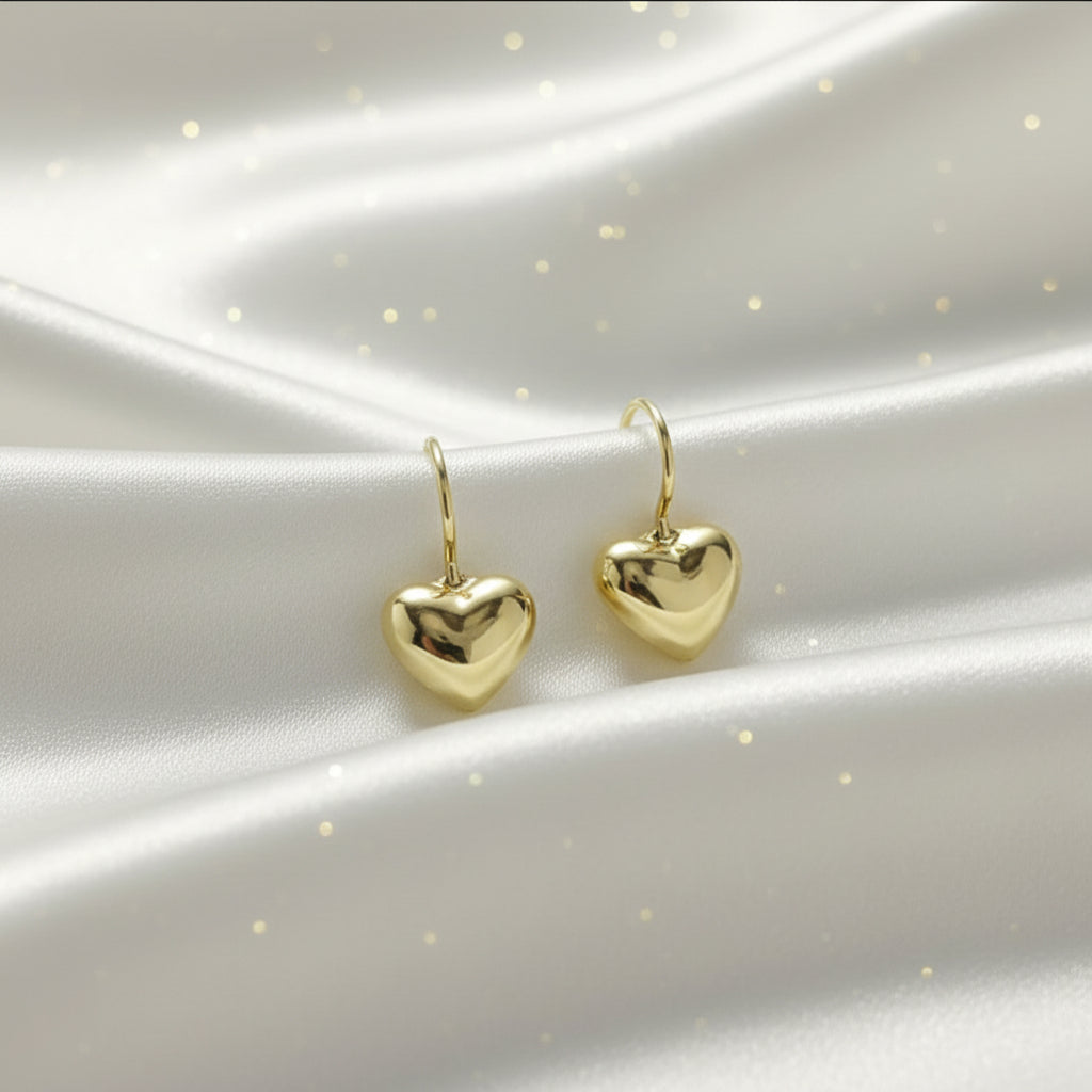 Gold Puffy Heart Drop Earrings