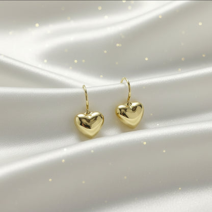 Gold Puffy Heart Drop Earrings