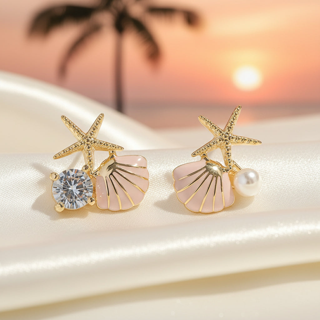 Starfish Pearl & Crystal Earrings on a white surface.