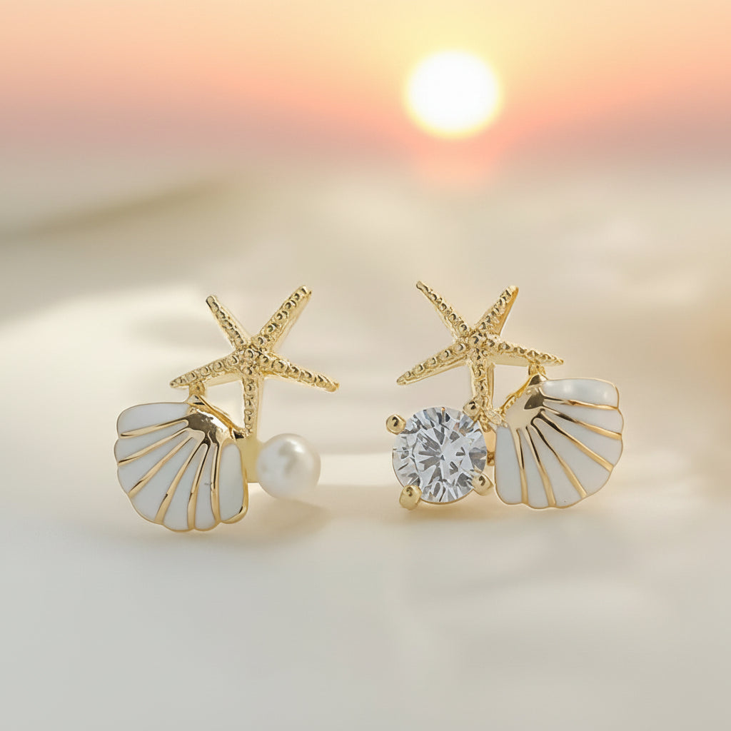 Starfish Pearl & Crystal Earrings on a soft background