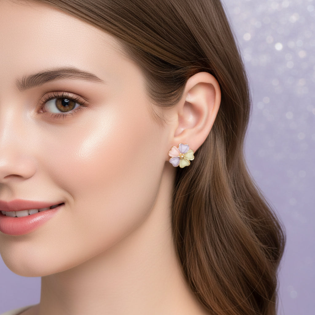 Pastel Petal Blossom Earrings being worn by a young woman.