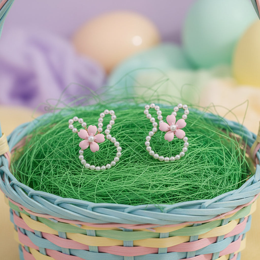 Pearl Bunny Blossom Earrings with pink floral and pearl designs in an Easter basket