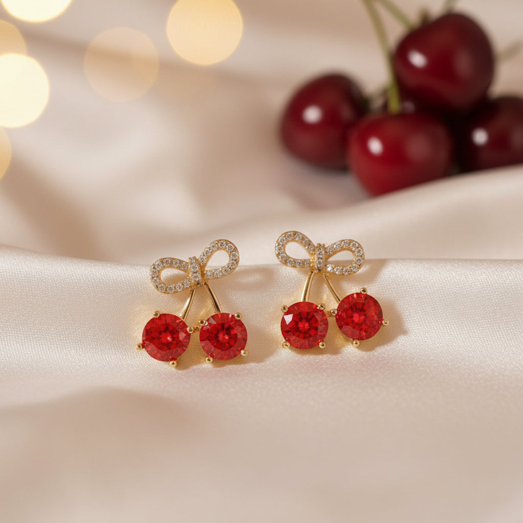 Cherry bow pavé earrings with sparkling red gemstone detail and delicate feminine bow design on a soft elegant background