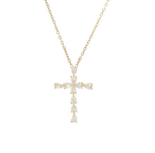 Load image into Gallery viewer, Zirconia Gold Cross Necklace featuring a sparkling cross pendant and an adjustable 16&quot;-18&quot; chain.