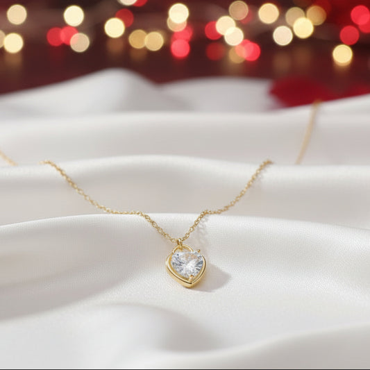 Close-up of the Zircon Heart Locket Necklace showing the detailed zircon embellishments and locket design.