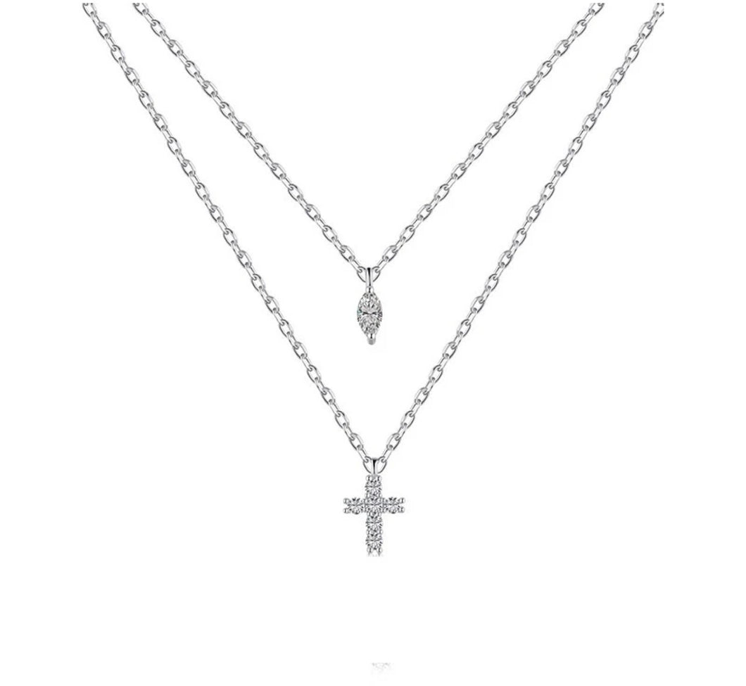 Layered Mini Cross Rhinestone Necklace