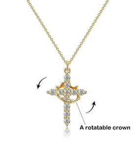 Gold Cross Crown Necklace, showing rotatable crown.