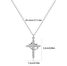 Load image into Gallery viewer, Silver Cross Crown Necklace, with dimensions.