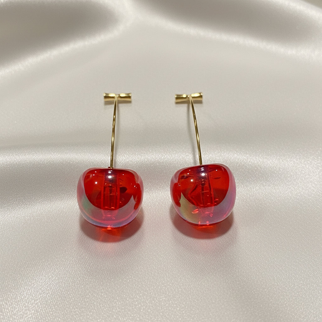 Iridescent Red Cherry Drop Earrings on a light gray background