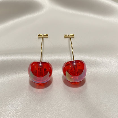 Iridescent Red Cherry Drop Earrings on a light gray background