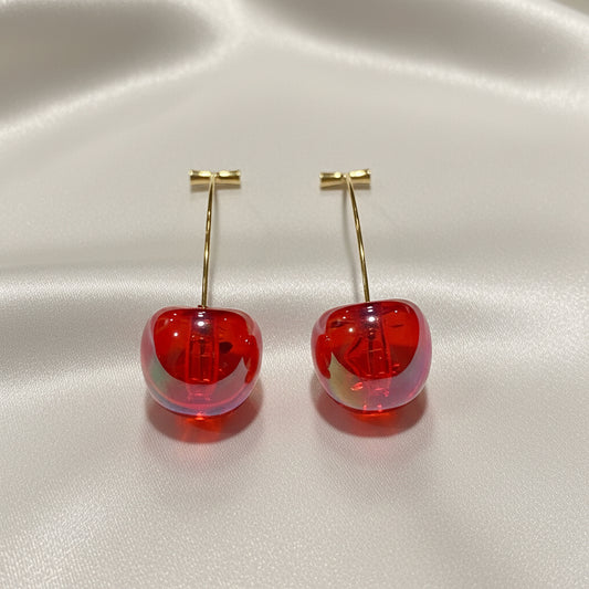 Iridescent Red Cherry Drop Earrings on a light gray background