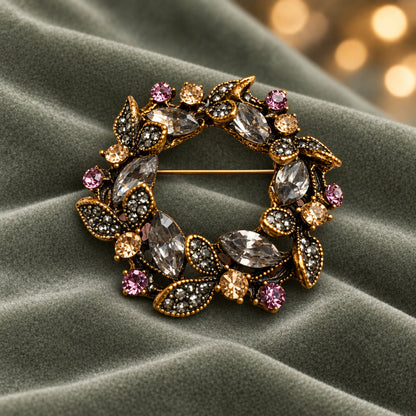 Jeweled Crystal Wreath Pin on sage