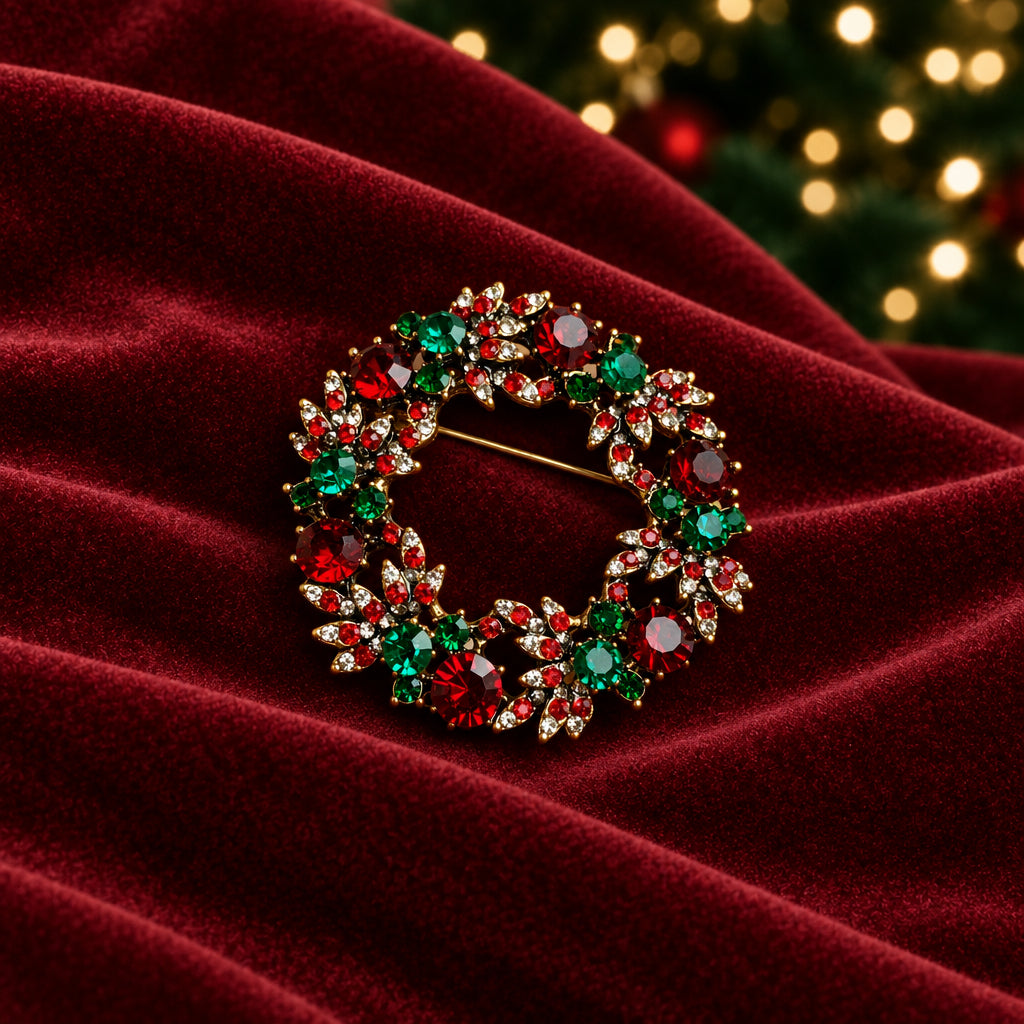 Jeweled Holiday Wreath Pin on red velvet