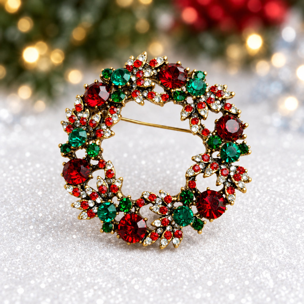 Jeweled Holiday Wreath Pin on snow