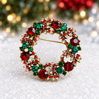 Jeweled Holiday Wreath Pin on snow