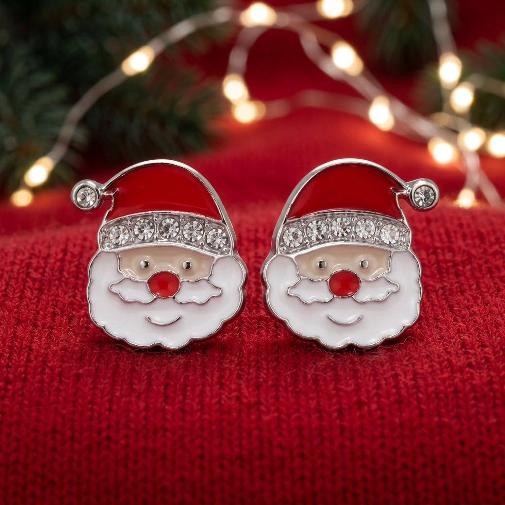 Jolly Santa Earrings on red sweater