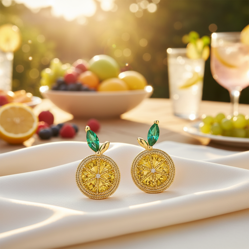 Gold earrings with yellow and green gemstones on a white background