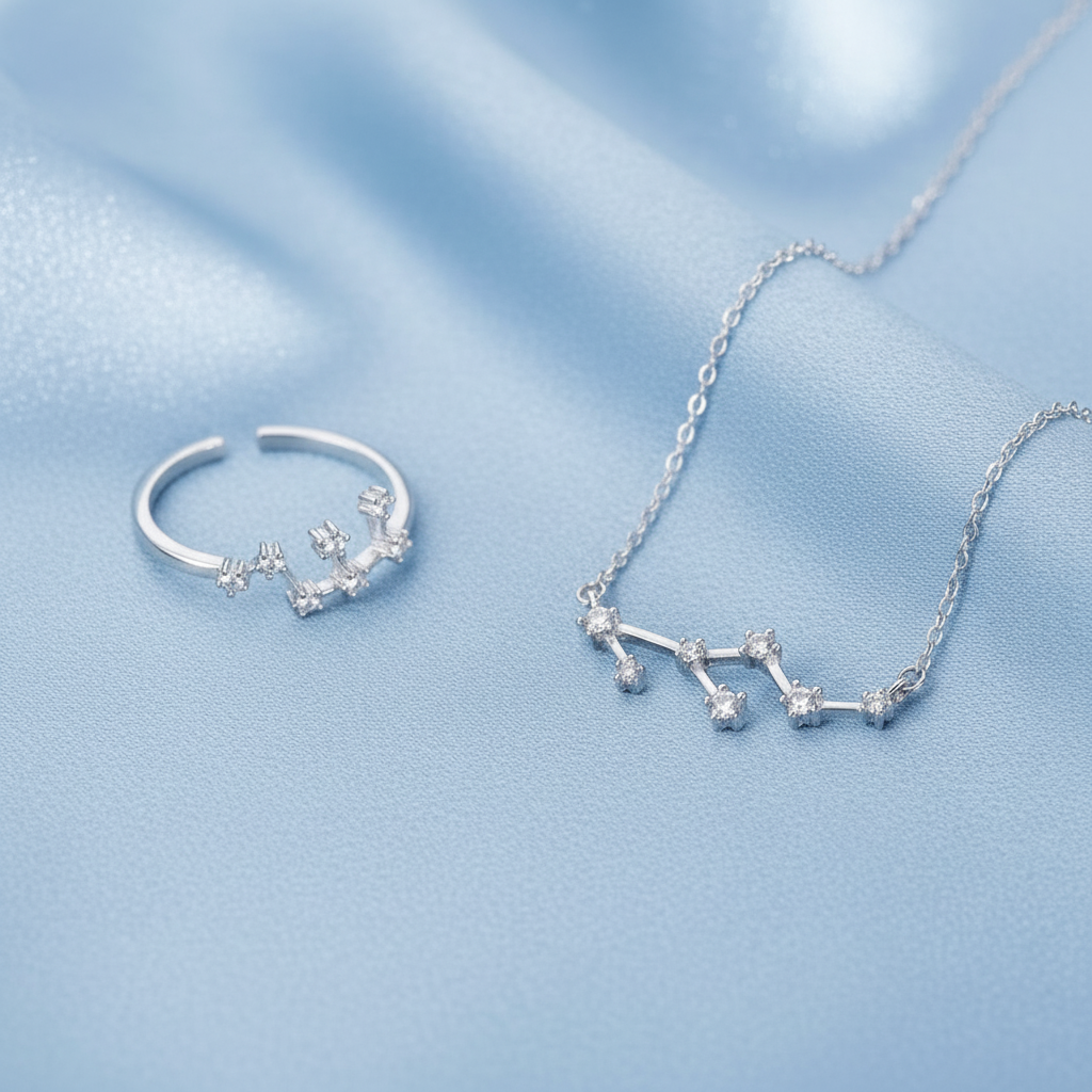 Silver Leo Zodiac Necklace & Ring Bundle on a light gray background