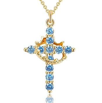 Blue & Gold Crown Cross Faith Necklace on a white background