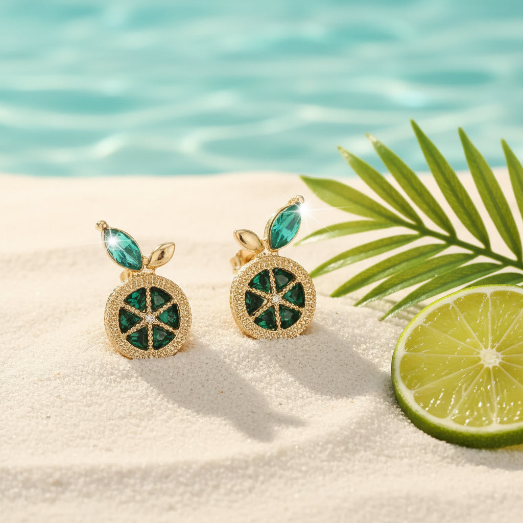 Lime Slice Gem Earrings on sand