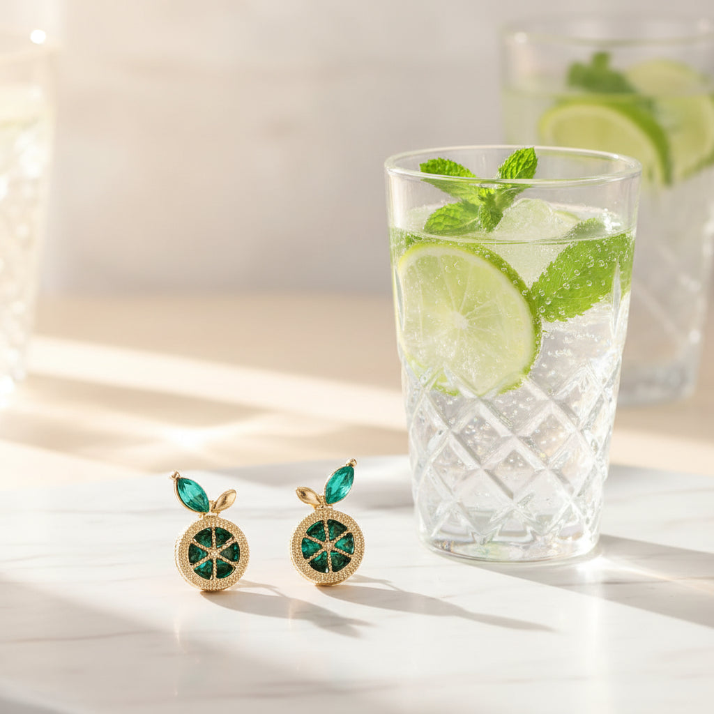 Lime Slice Gem Earrings with cocktail