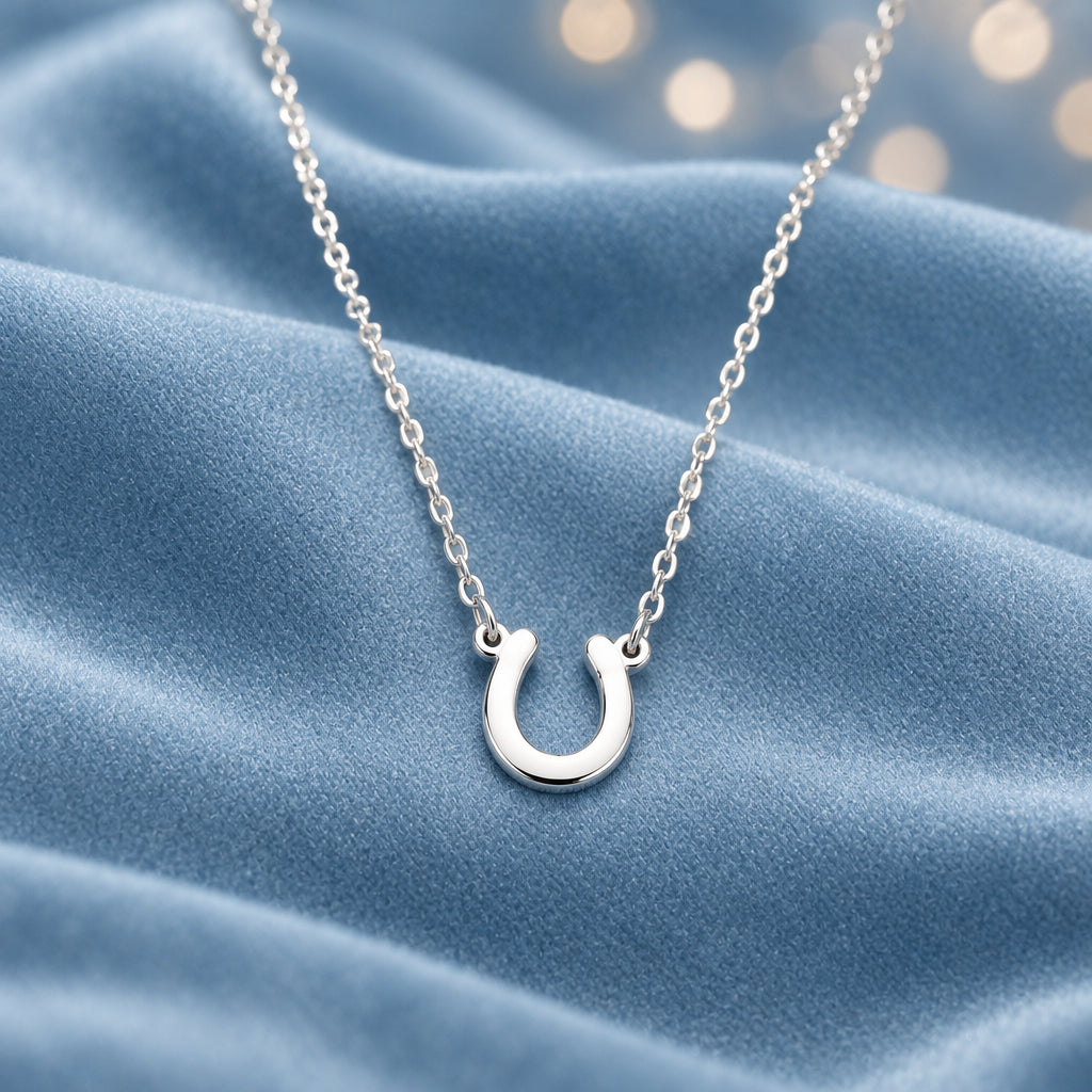 A silver Lucky Horseshoe Necklace, displayed against a draped light blue satin fabric background.
