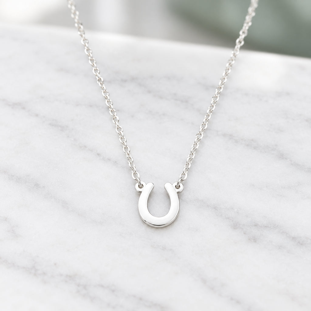 A silver Lucky Horseshoe Necklace on marble