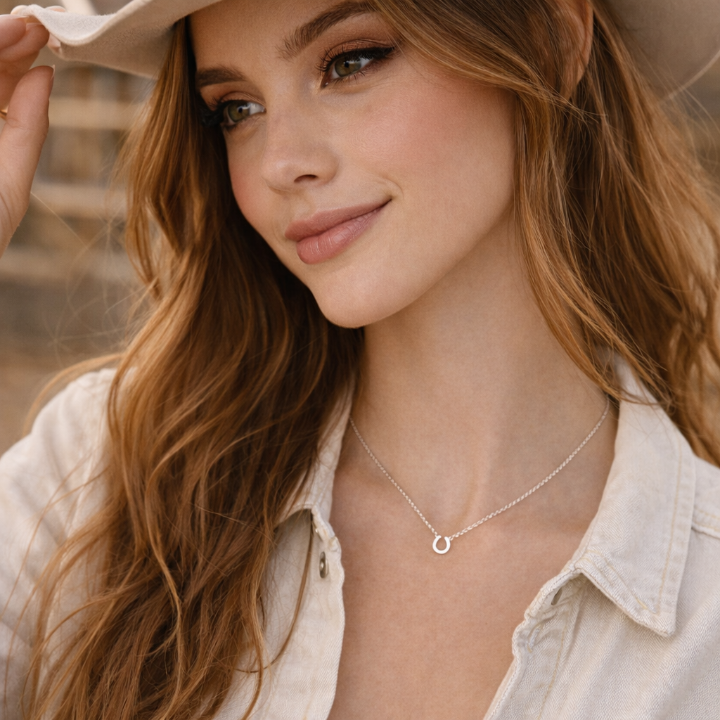Woman wearing a beige hat and light-colored shirt with a Lucky Horseshoe Necklace, outdoors.
