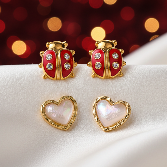 Lucky Ladybug & Gold Opalescent Heart Earrings Bundle