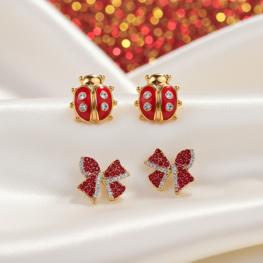 Lucky Ladybug & Red Rhinestone Bow Earrings Bundle with gemstones on a white background