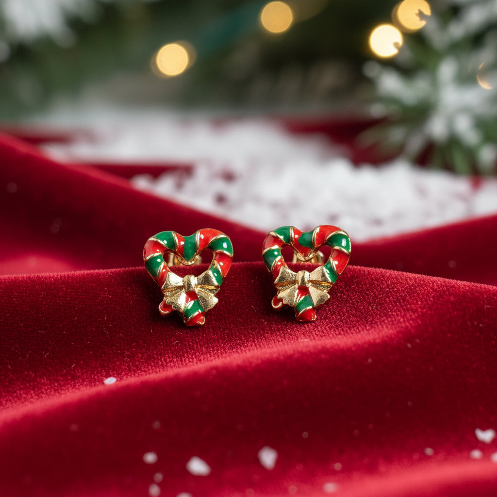 Mini Candy Cane Heart Earrings on red