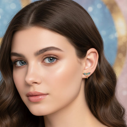 Woman wearing a Mini Gemstone Dragonfly Earring