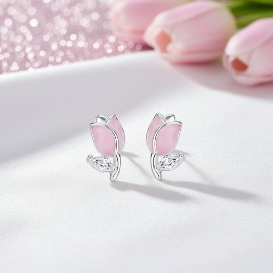 Mini Pink Tulip Earrings with silver accents on a white background