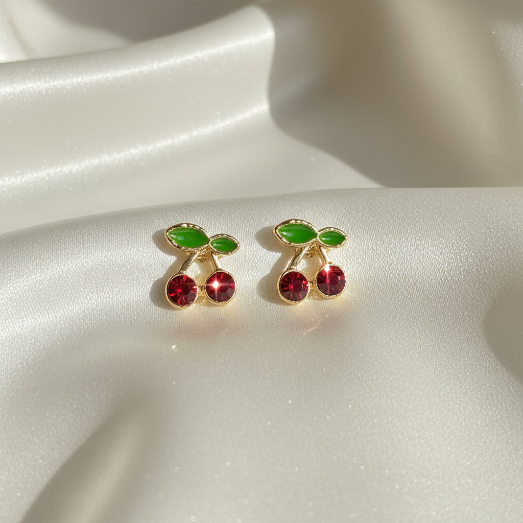 Mini Red Cherry Earrings on a white background