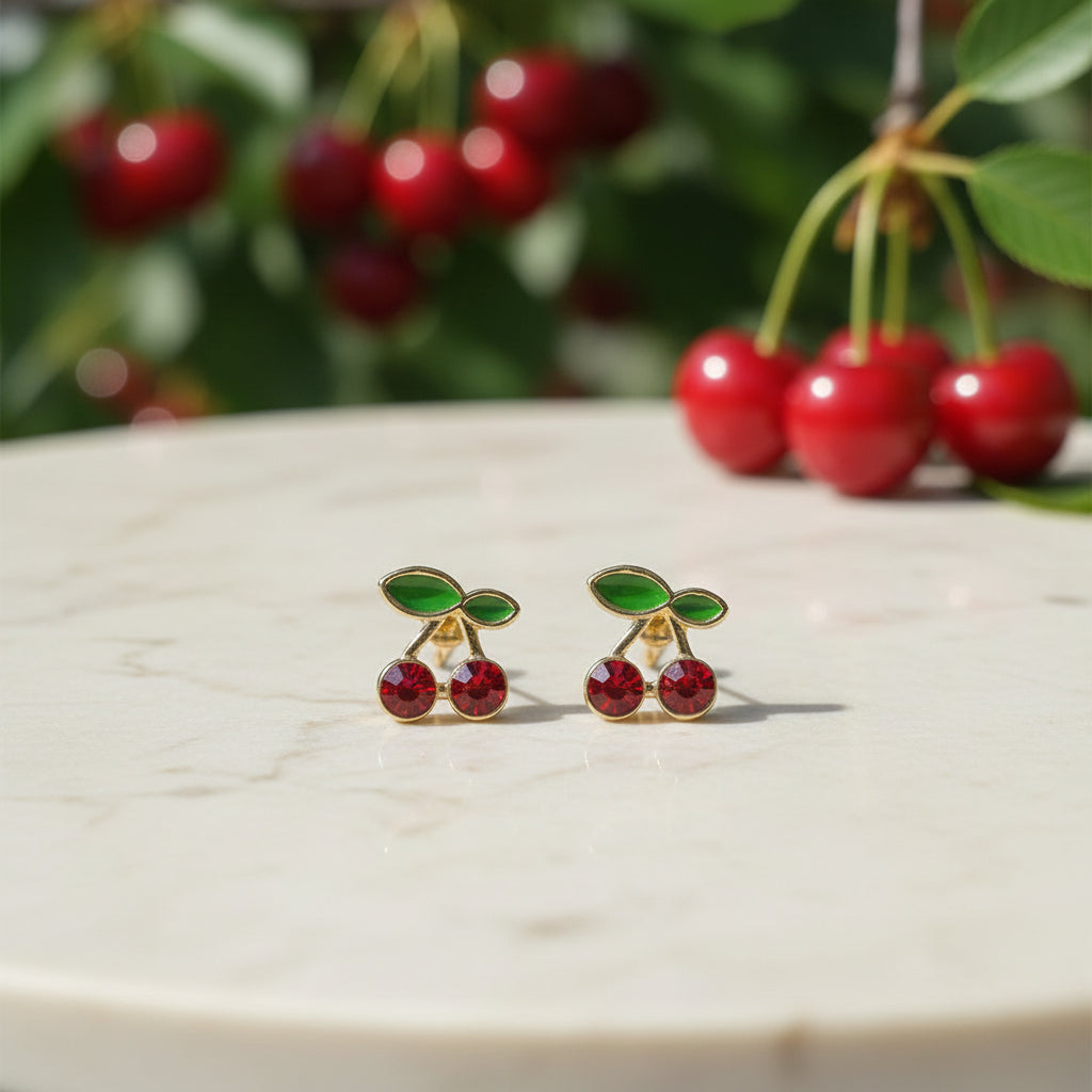 Mini Red Cherry Earrings on marble with cherries